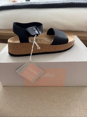 Papillio Black Leather Cork Platform Sandal with Ankle Buckle